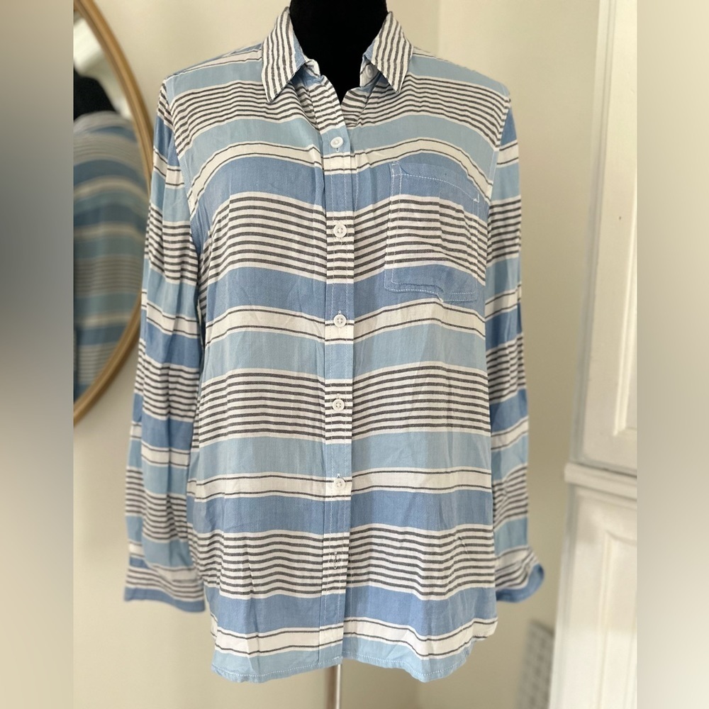 Beach Lunch Lounge Blue & White Striped Button Up Flowy Shirt Size Mediu